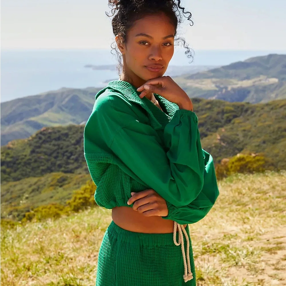 Free People Green Textured Kennedy Cropped Sweatshirt